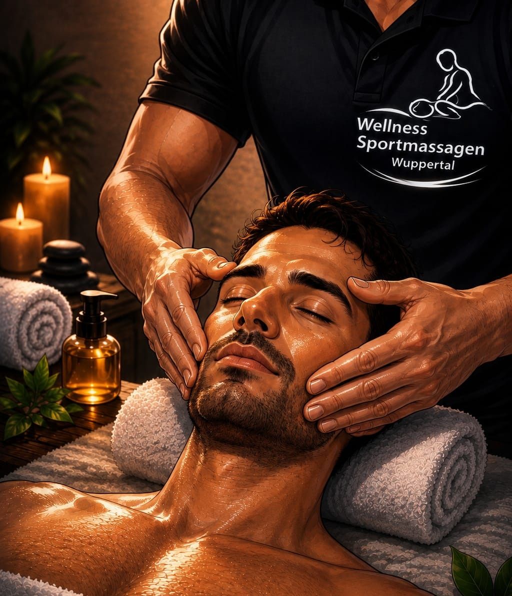 Gesichtsmassage: Gast liegt mit geschlossenen Augen auf einer Handtuchrolle, Hände an den Schläfen