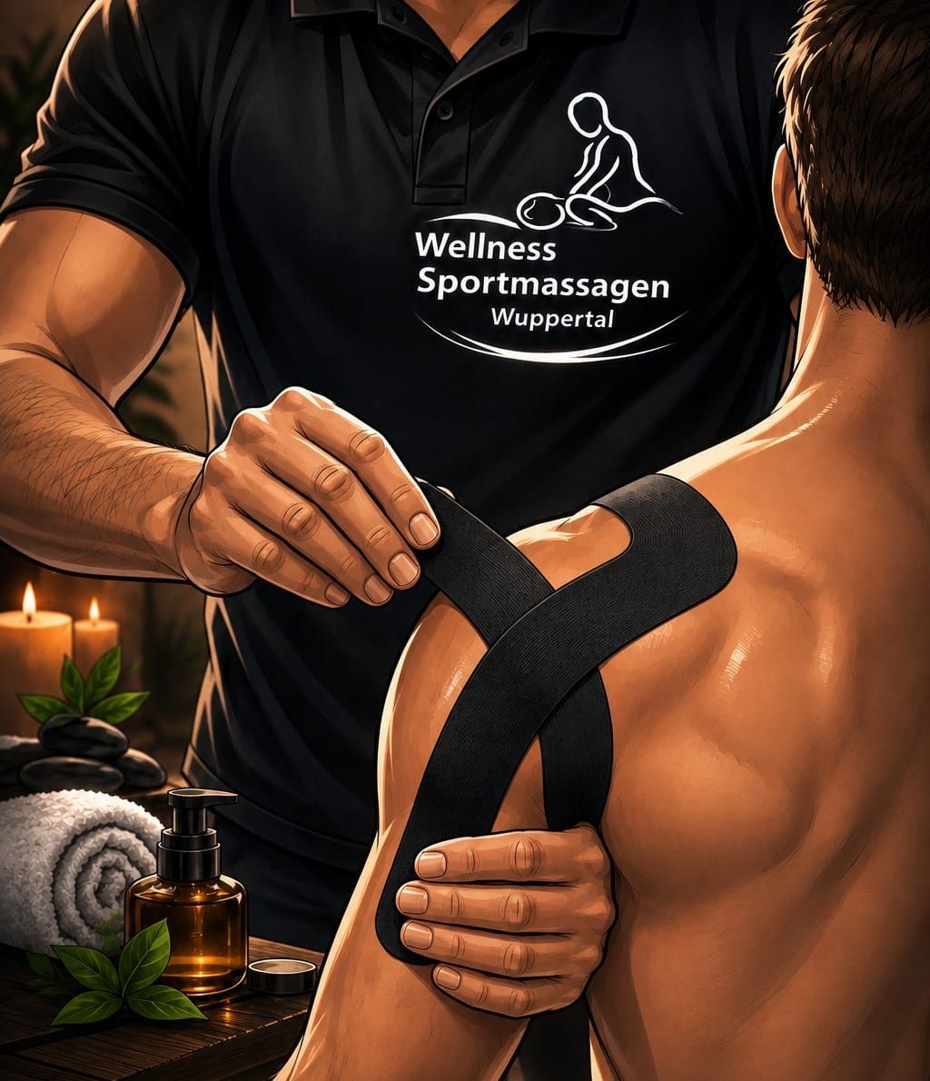 Elastisches Muskeltape: der Masseur legt ein schwarzes Tape über die Schulter eines Gastes